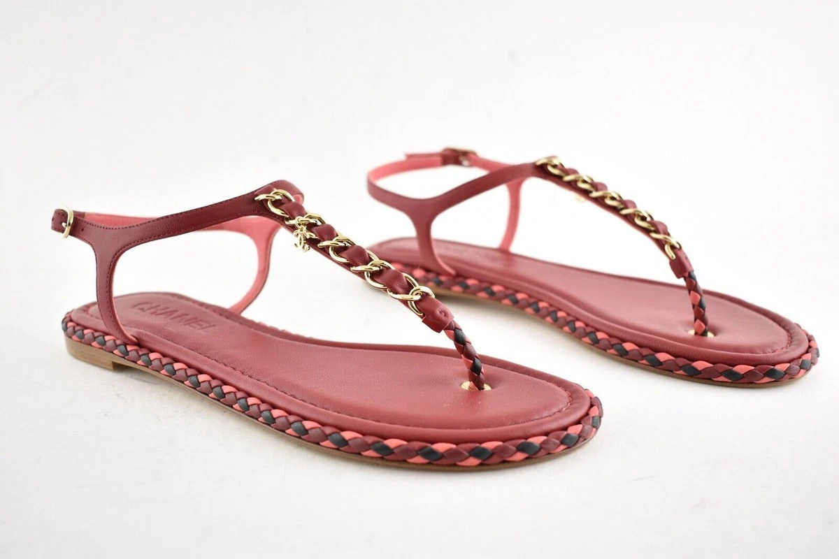 Chanel Red Braided Gold CC Logo Chain Thong Ankle Strap Slide Sandal Flat  36C