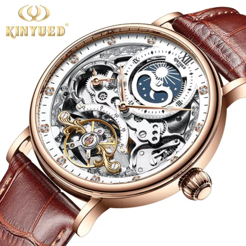 KINYUED Skelett Tourbillon Mondphase Mechanische Uhr Luxus Herren Diamant Uhr - Bild 3 von 22