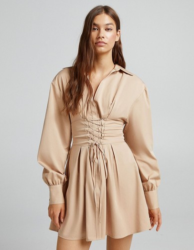Bershka Corset Detail Tie Up Dress in 