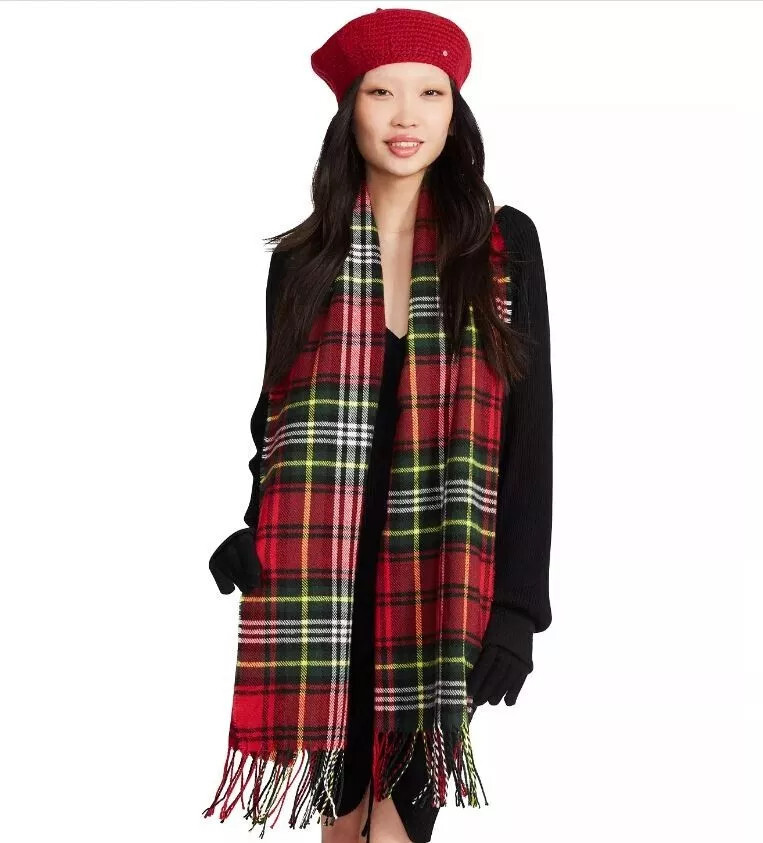 Steve Madden Womens Tartan Plaid Scarf with Fringe Detail Red One Size 4490₽