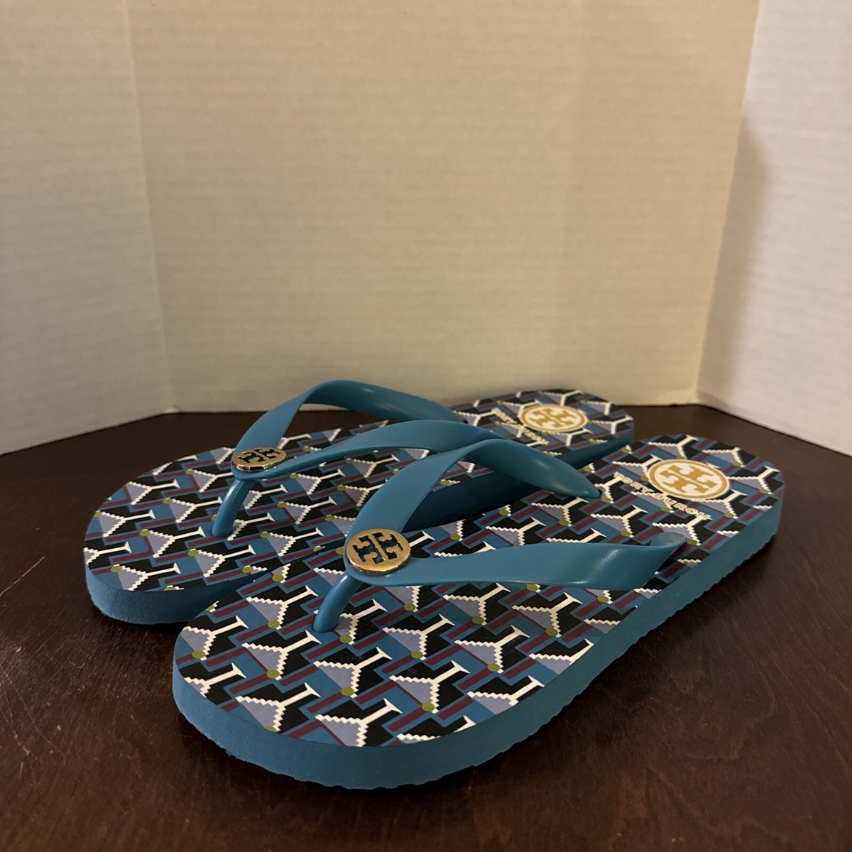 Tory Burch Patterned Flip Flop Sandals Blue Multi Women’s Size EUC
