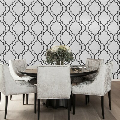 Marrakesh Black white faux mica textured geometric morocco trellis Wallpaper 3D