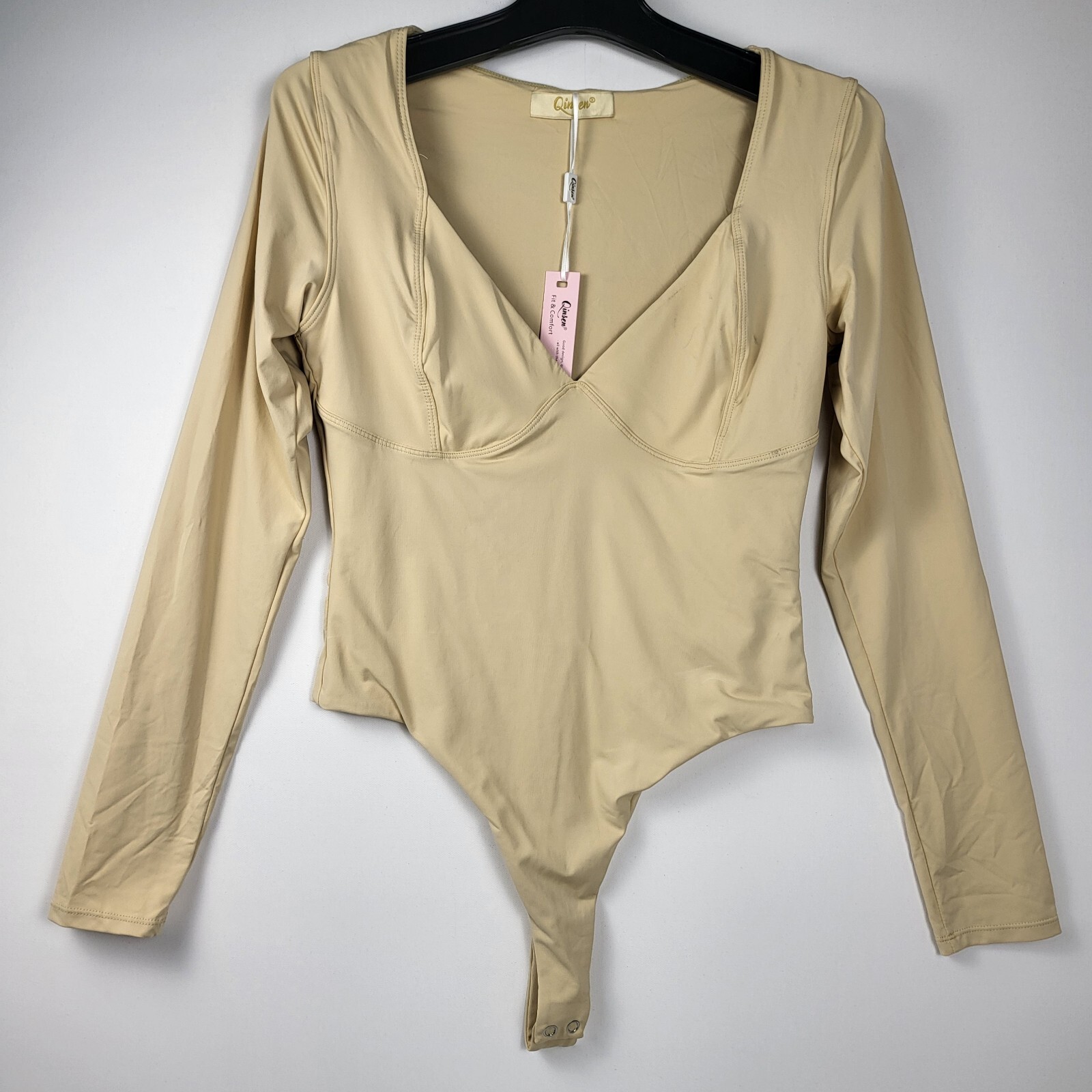 Qinsen Bodysuit Top Beige Long Sleeve V-Neck Snap Crotch Large Going Out Top New-image