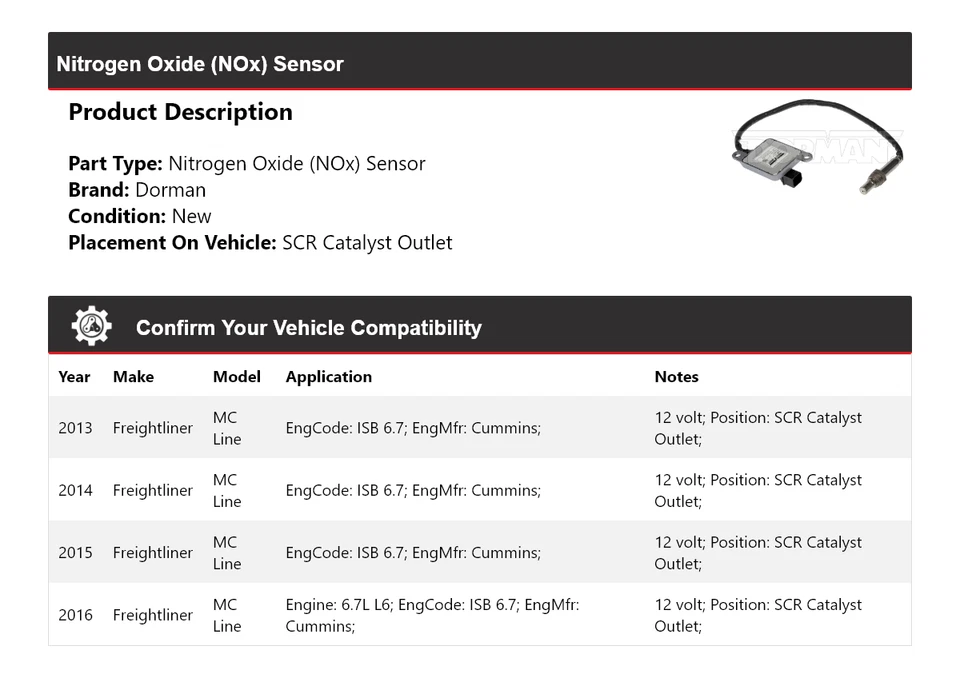 For 2013-2016 Freightliner MC Line Dorman Nitrogen Oxide (NOx) Sensor 2014 2015 - Imagem 2 de 4