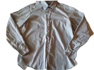 DKNY Mens Size L 16 34/35 Light Gray Slim Fit Stretch Button Up