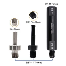 Diamond Core Bit Adapter 5/8"-11 Thread Male to SDS-Plus Hex-Shank and Extension