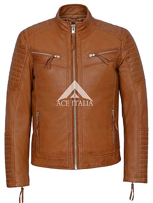 Herren Lederjacke gesteppt Schulter Biker Style hellbraun Echtleder Jacke 2565
