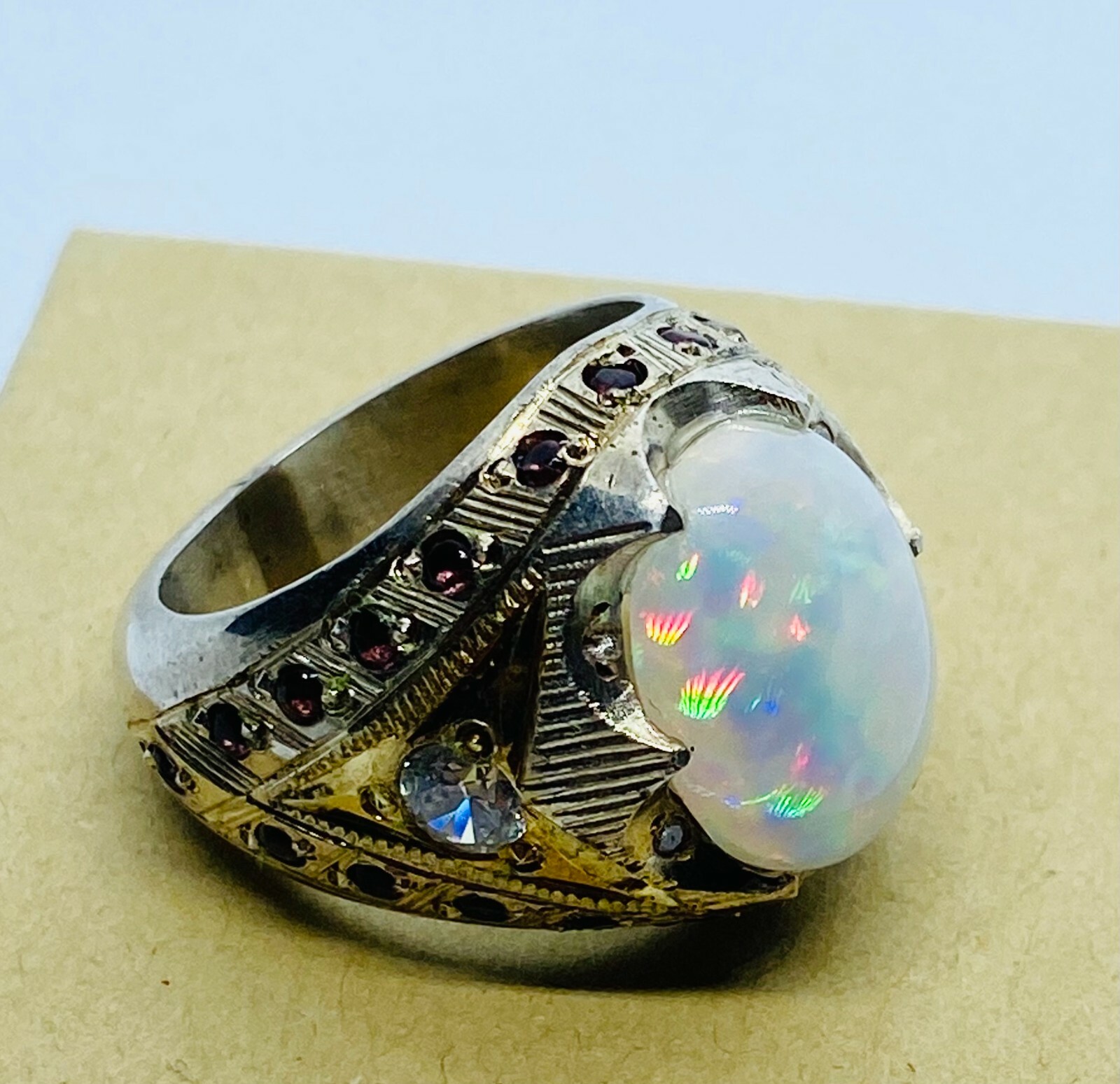 Natural Australian Fire Opal Ring, Genuine Diamonds With Zircon 9 US