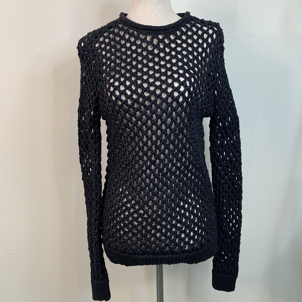 ★人気★【WOOALONG】★Mesh curved neck knit long sleev.e★ T By Alexander Wang Top Black Crochet Long Sleeve Goth Open