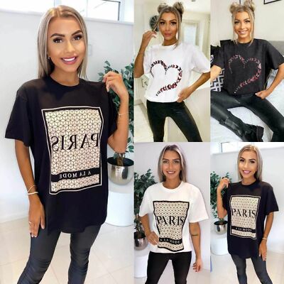 Übergröße Damen Frauen Kurzarm ''Paris Mode'' Spruch bedruckt T-Shirt Tee Oberteil