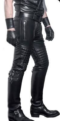 Men's Real Leather Quilted Panels Carpenter Pants Slim Fit Quilted Back Pants