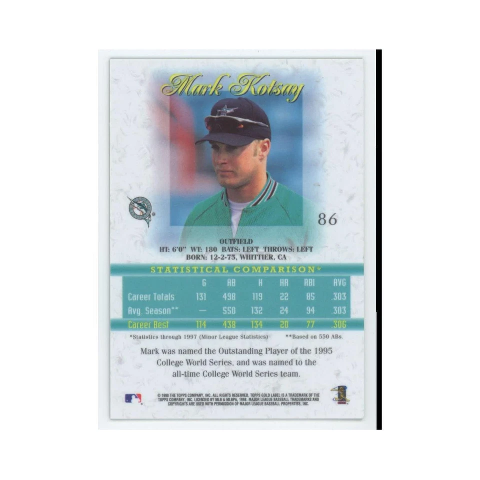 1998 Topps Gold Label Mark Kotsay Florida Marlins #86 - Image 2 of 3