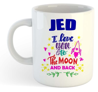 Jed - I Love You Zum Mond und Rücken Becher Blau - Lustig Namen Valentin Becher