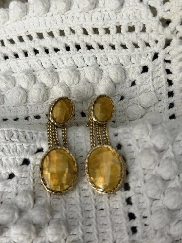 Vintage Monet Estate Gold-Tone Amber Cabochon Clip-On Costume Jewelry Earrings