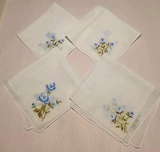 Vintage Hanky Handkerchief Lot 4 White Cotton Delicate Blue Embroidered Flowers