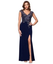 XSCAPE Embellished V Neck Sleeveless Gown Navy Gunmetal 6 | MSRP $309