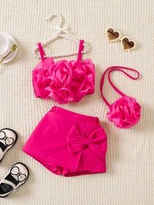 3pcs Baby Girls Spring/Summer Outfits, Hot Pink Flower Print Top With Cro