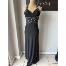 Morgan & Co. Black Beaded Halter Maxi Gown