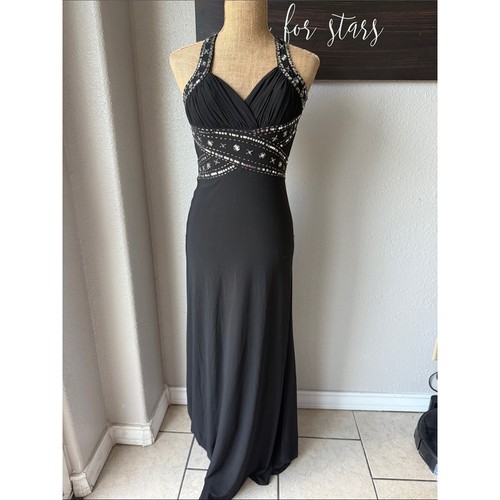 Morgan & Co. Black Beaded Halter Maxi Gown