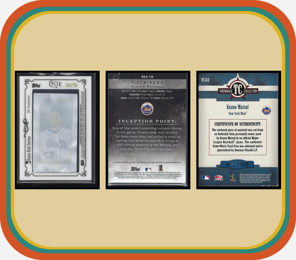 Lote de 3 unidades de los Mets de Nueva York — T.J. Rivera Topps Inception Auto + Ciclo Johan Santana T206/50 Foto 2 de 4