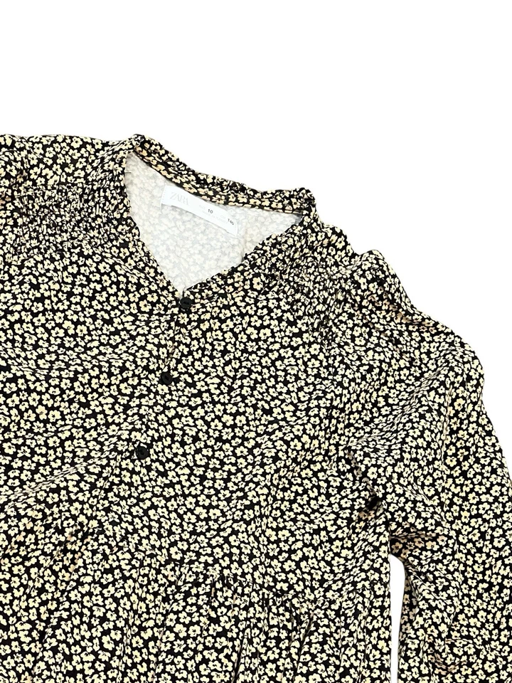 VESTIDO ZARA NIÑA 10 NEGRO MARRÓN FLORAL MIDI ESCALONADO MANGA LARGA COTTAGECORE Foto 4 de 4