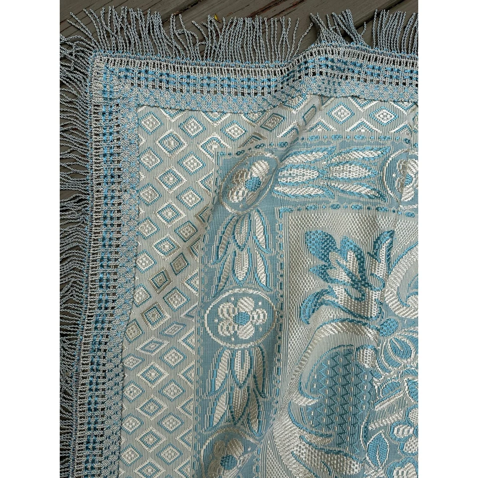 Vintage Bedspread fringed blue silver jacquard floral retro bed cover coverlet  - Image 4 of 4