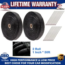 2Roll 1" x 50ft Fiberglass Exhaust Header Pipe Heat Wrap Tape Black +20 Ties Kit