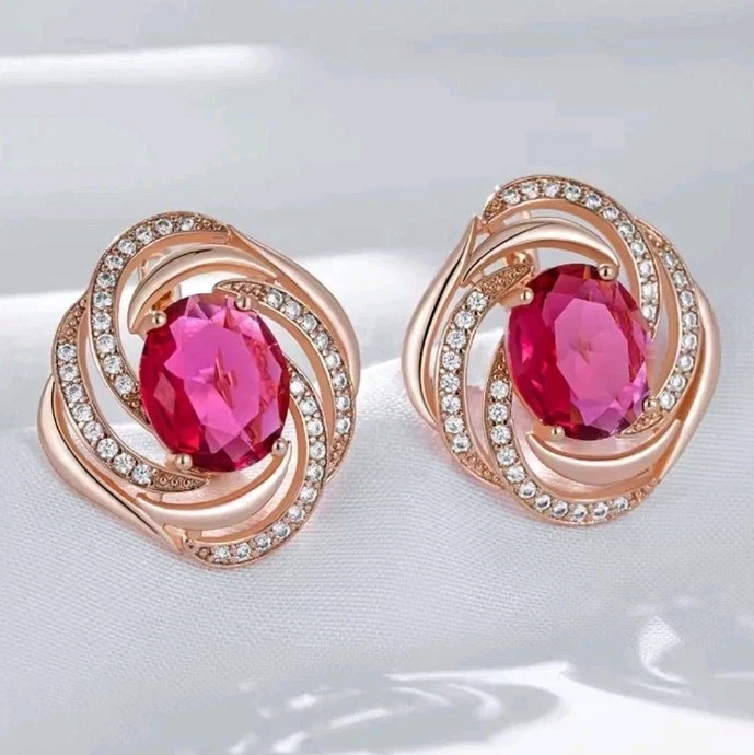 Luxus Ohrringe Huggie 585er Rolled Roségold Walzgold Elegant Himbeerrot Zirkon - Bild 3 von 4