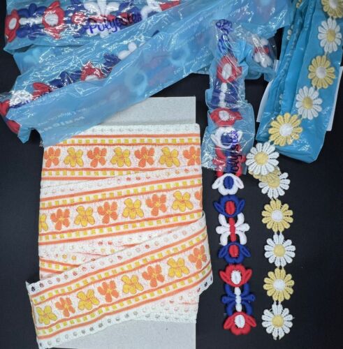Vintage Sewing Notions Trim Woven Flowers 11 yds. Orange Yellow Blue Red, Nos
