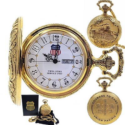 Locomotive Train Pocket Watch Gold Union Pacific Memorial with Day & Date NIB