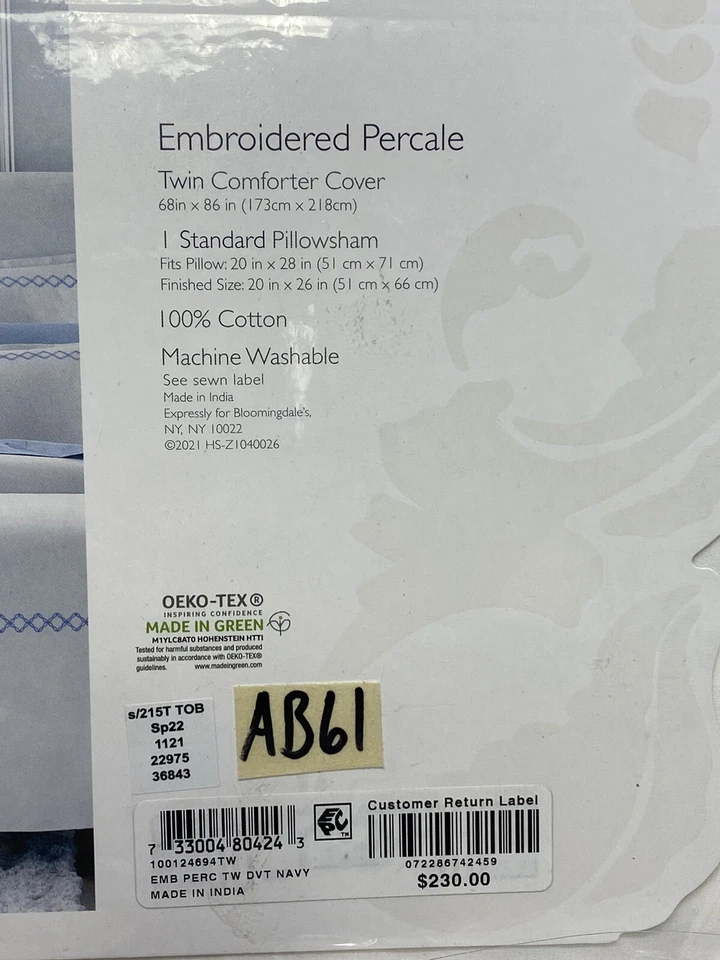 Sky Embroidered Percale Twin Duvet Cover & Sham Set White / Navy Blue New - Image 4 of 4