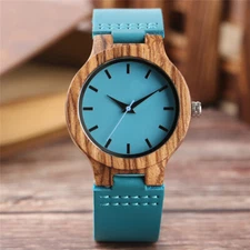 Modern Blue Wood Watch Women Lady Quartz Wristwatch Natural Bamboo Leather Band