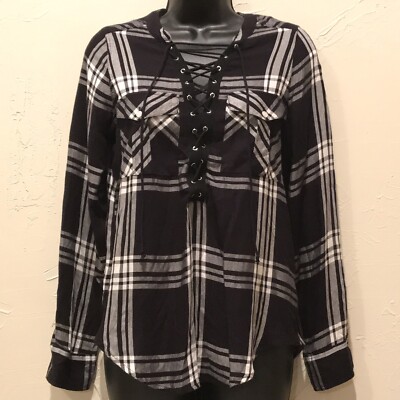 Express Womens Size XS Black & White Plaid String Chest Closure Flannel Shirt