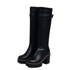 Womens Block Heel Knee High Knight Riding Boots Chunky Platform Motorcycle Shoes