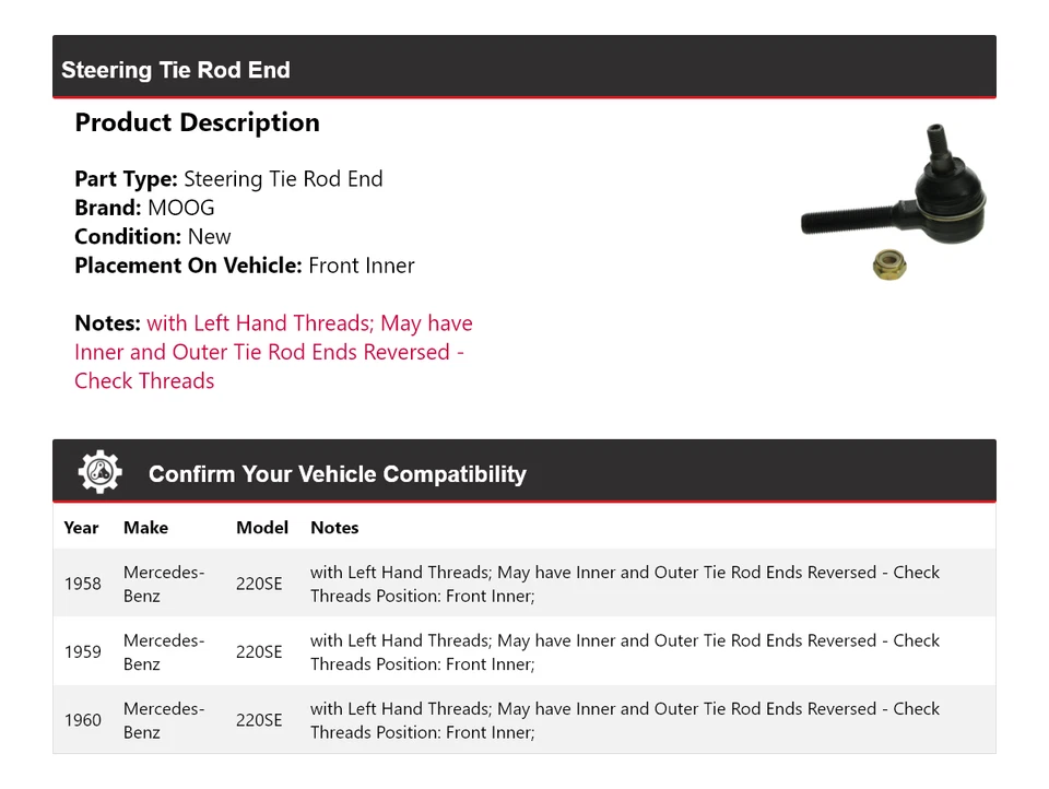 For 1958-1960 Mercedes-Benz 220SE Steering Tie Rod End Front Inner MOOG 1958 - Image 2 of 4