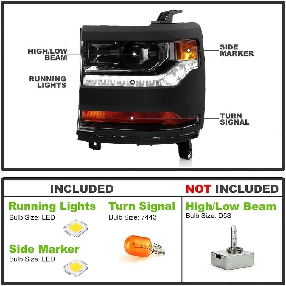 ✅ Faros proyectores LED DRL xenón HID negros para Chevy Silverado 1500 16-18 Foto 2 de 4