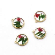 4PCS Gold Tone Real Dried Flower Resin Round Charm GBY113