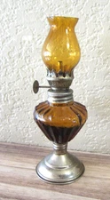 Vintage Miniature Hurricane Oil Lamp Amber Glass 5.5" Ribbed Design on Base