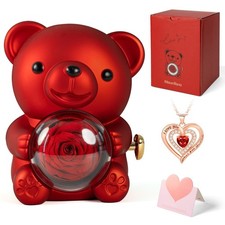 Romantic Teddy Bear with Preserved Rose and Necklace, Real Rose in Elegant Gi...
