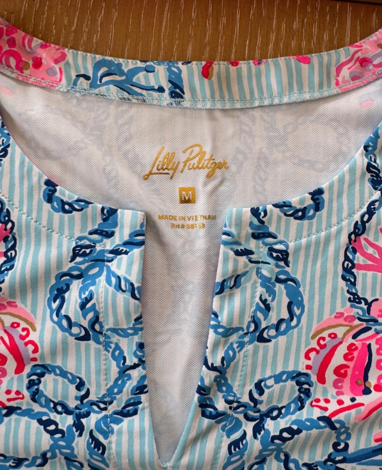 Top de diseñador Lilly Pulitzer cuello dividido mangas 3/4, elástico, azul con coral rosa M Foto 3 de 4