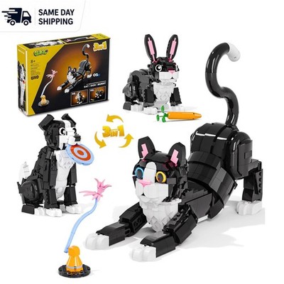 3-in-1 Tuxedo Cat Building Set: Create a Cat, Dog, or Rabbit with 907 Pieces