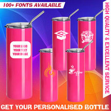 Personalised Custom Water Bottle Slim Stainless Steel Pink Tumbler Metal Straw