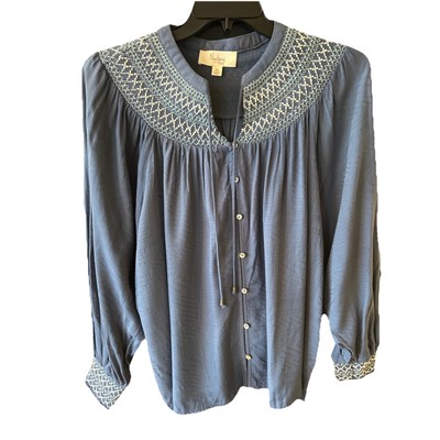 Nurture Westbound button front blue top plus 2X embroidery 3/4 sleeve split neck