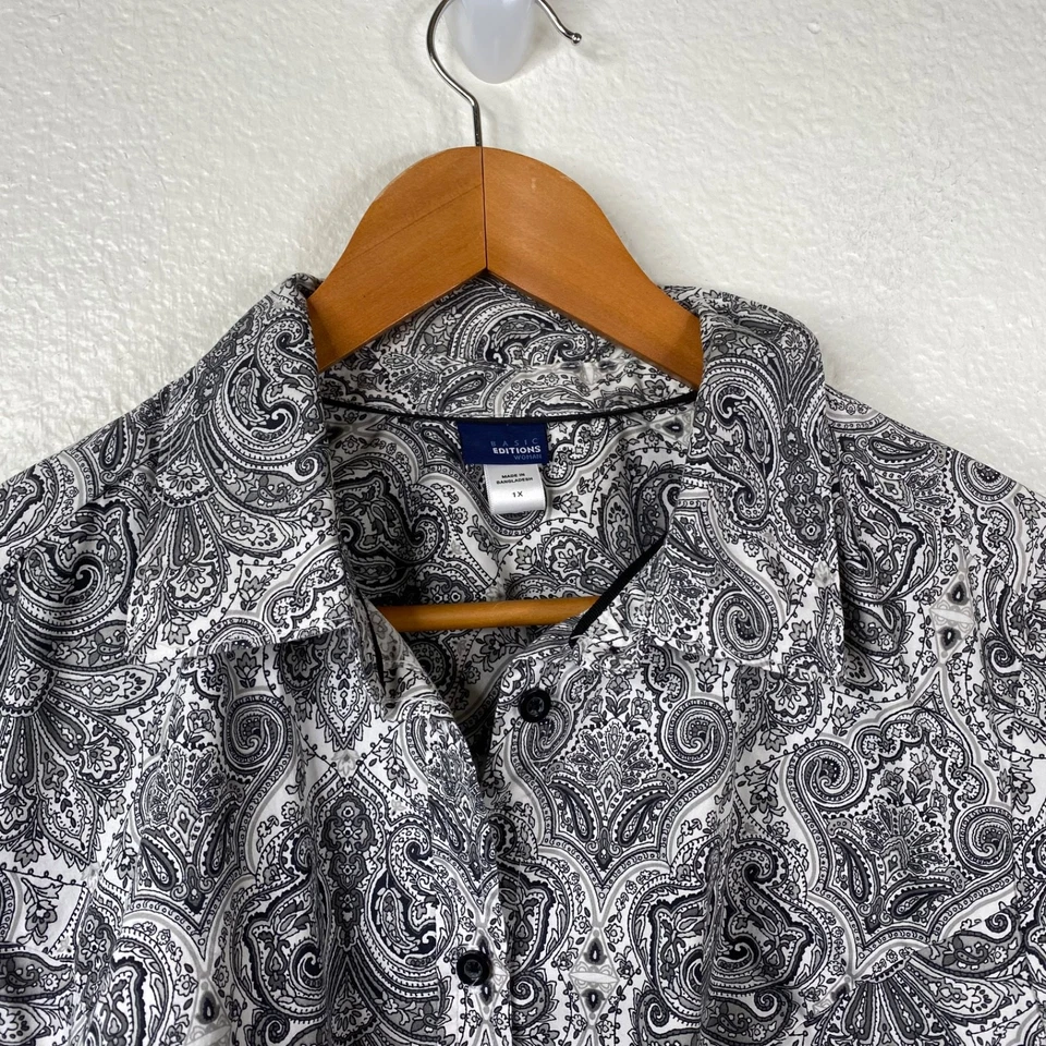 Basic Editions Womens Button Up 3/4 Sleeves Paisley Career Top Black White Sz 1X - Image 4 of 4