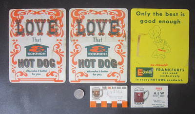 lot (5) VINTAGE A&W ROOT BEER STAND Car Hop Plastic Eckrich Tag & Free coupons