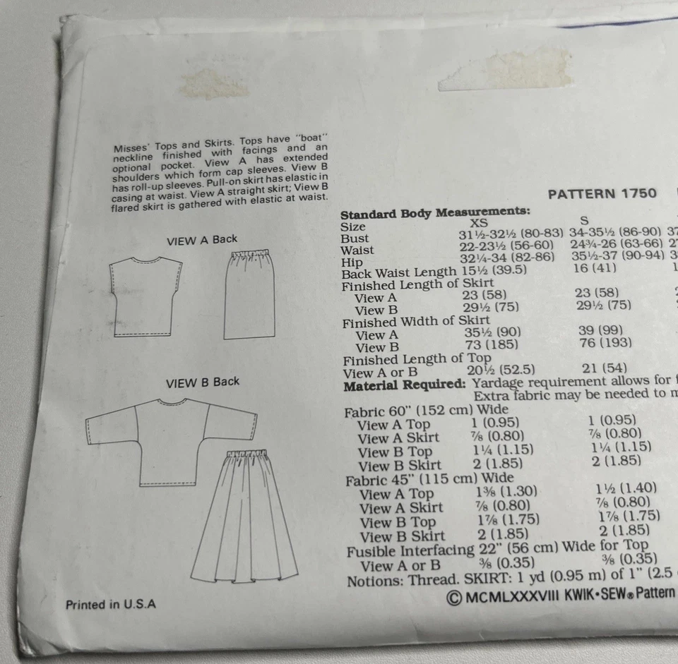 Kwik Sew 1750 Misses Sz XS- XL Top & Skirt Sewing Pattern PreCut On XL: All Pcs - Image 3 of 4