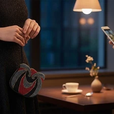 Art Deco Beaded Clutch Evening Bag Red Black Silver Gold Swirl Design