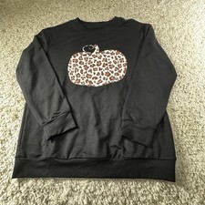 Women  s Leopard Pumpkin Sweatshirt Black Fall Graphic Pullover Size Small