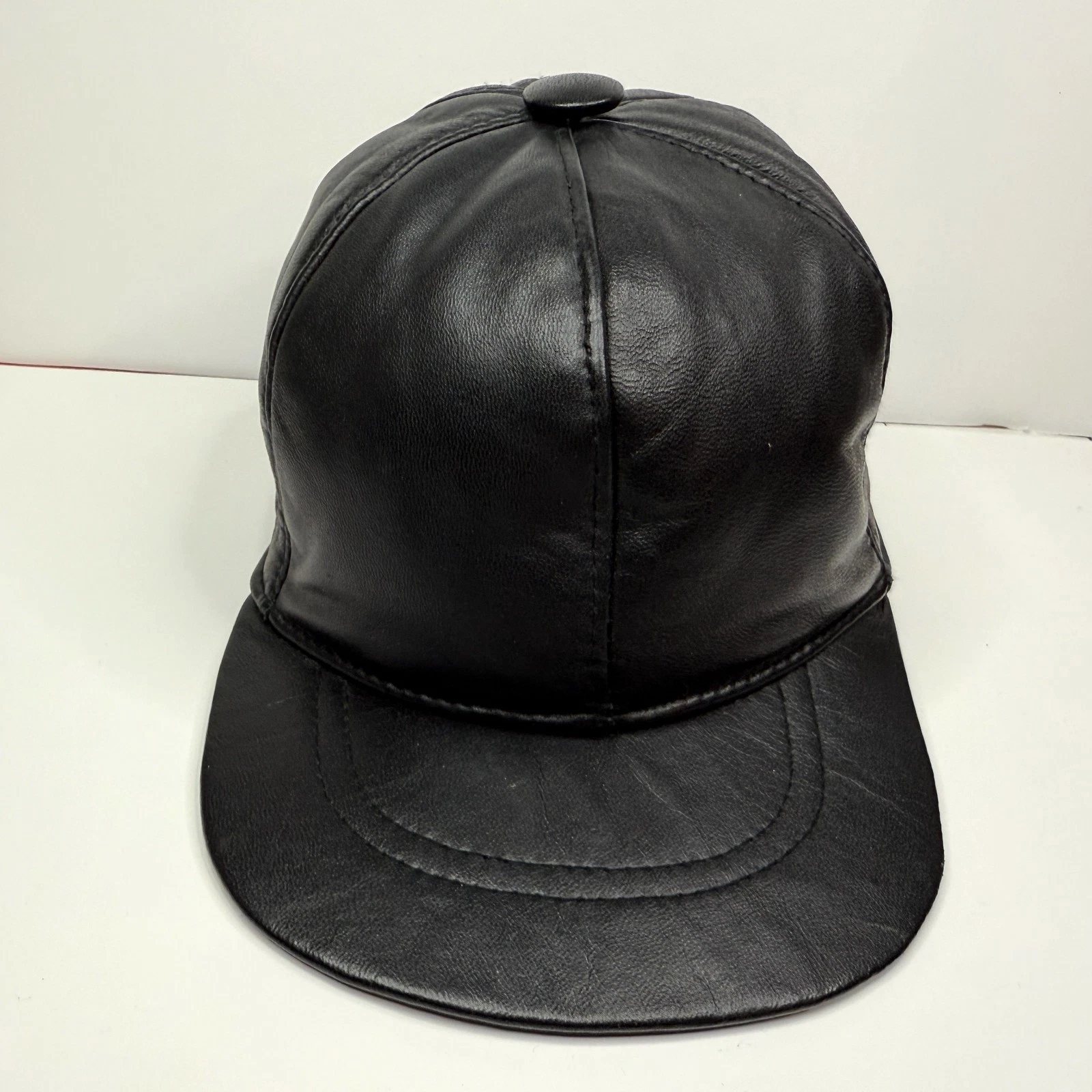 Black Vegan Leather Baseball Cap Hat Fitted Sherpa Cozy Insulated Black Men OSFA