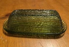 Vintage Anchor Hocking Soreno Butter Dish Avocado Green Glass Bark Texture 60s